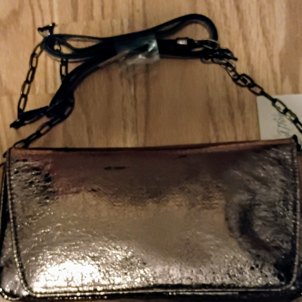 Silver Shoulder Bag with Textured Finish and Black Leather Straps
